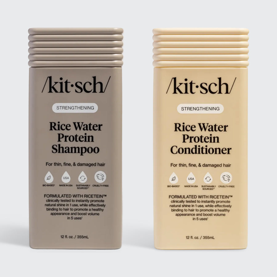 Two bottles of Kitsch Rice Water Protein Shampoo and Conditioner on a white background