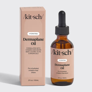 Kitsch Hydrating Dermaplane Oil bottle and packaging on a light gray background