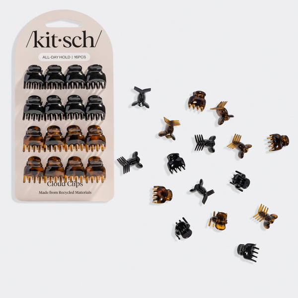 KITSCH Black & Tort Micro Cloud Clip Set — packaging card with the micro clips scattered around it — 16-piece variety pack with two chic color options — building an everyday clip stash