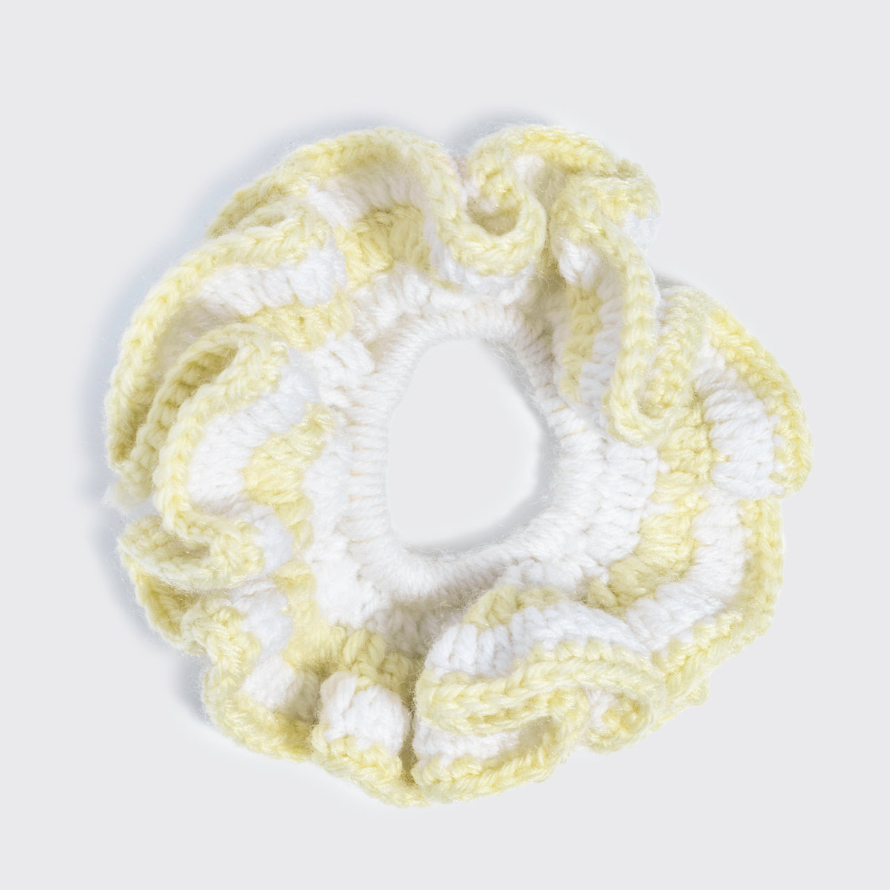 KITSCH Coastal Cottage Butter Yellow Crochet Scrunchie, flat lay overhead view showing textured crochet detail