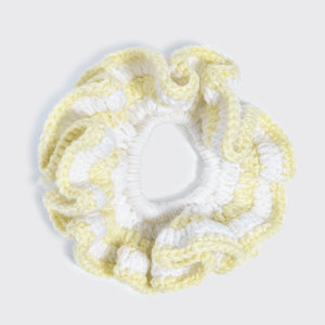 KITSCH Coastal Cottage Butter Yellow Crochet Scrunchie, flat lay overhead view showing textured crochet detail