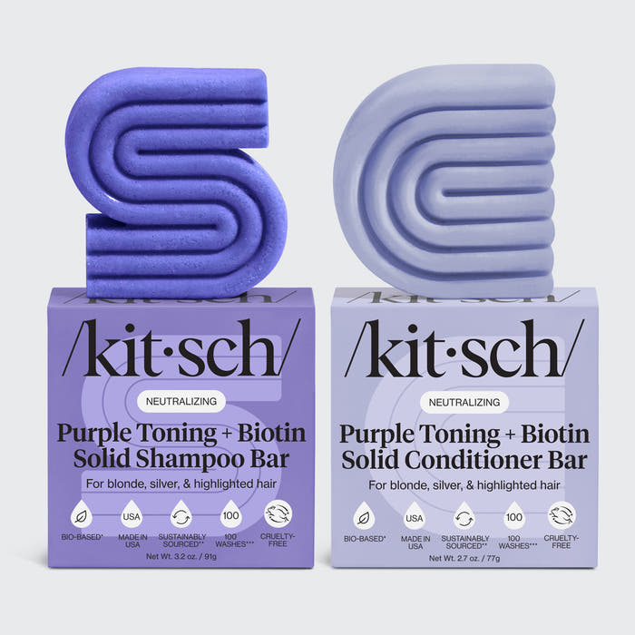 KITSCH Purple Toning Shampoo & Conditioner Bar Combo for Color-Treated & Grey Hair — 2-piece purple toning shampoo and conditioner bar set — world's first solid purple shampoo & conditioner bar with Biotin — neutralizes brassiness, safe for blondes, grey & white hair