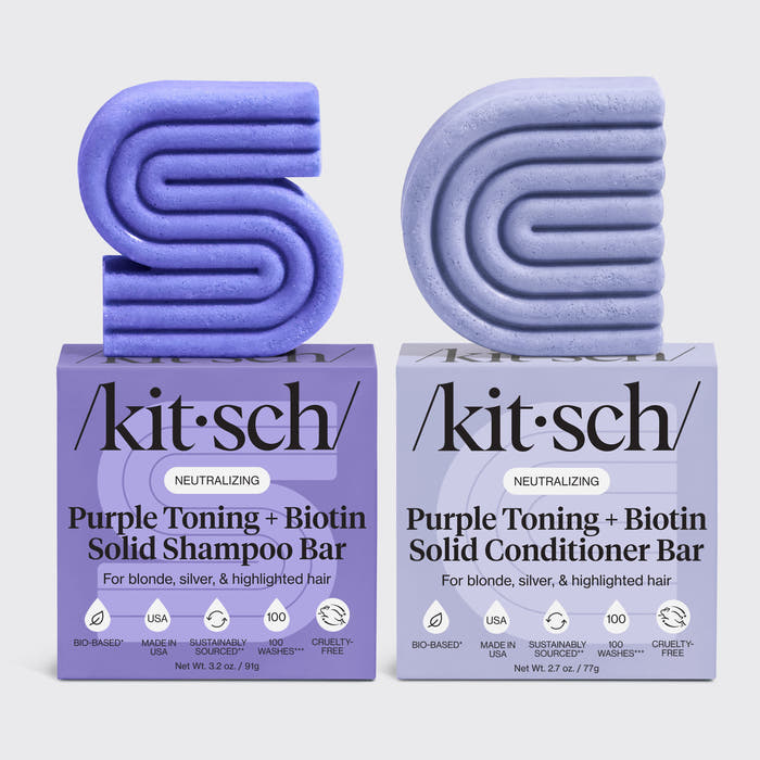 Kitsch Purple Toning + Biotin Solid Shampoo and Conditioner Bar bundle for blonde, silver, and highlighted hair.