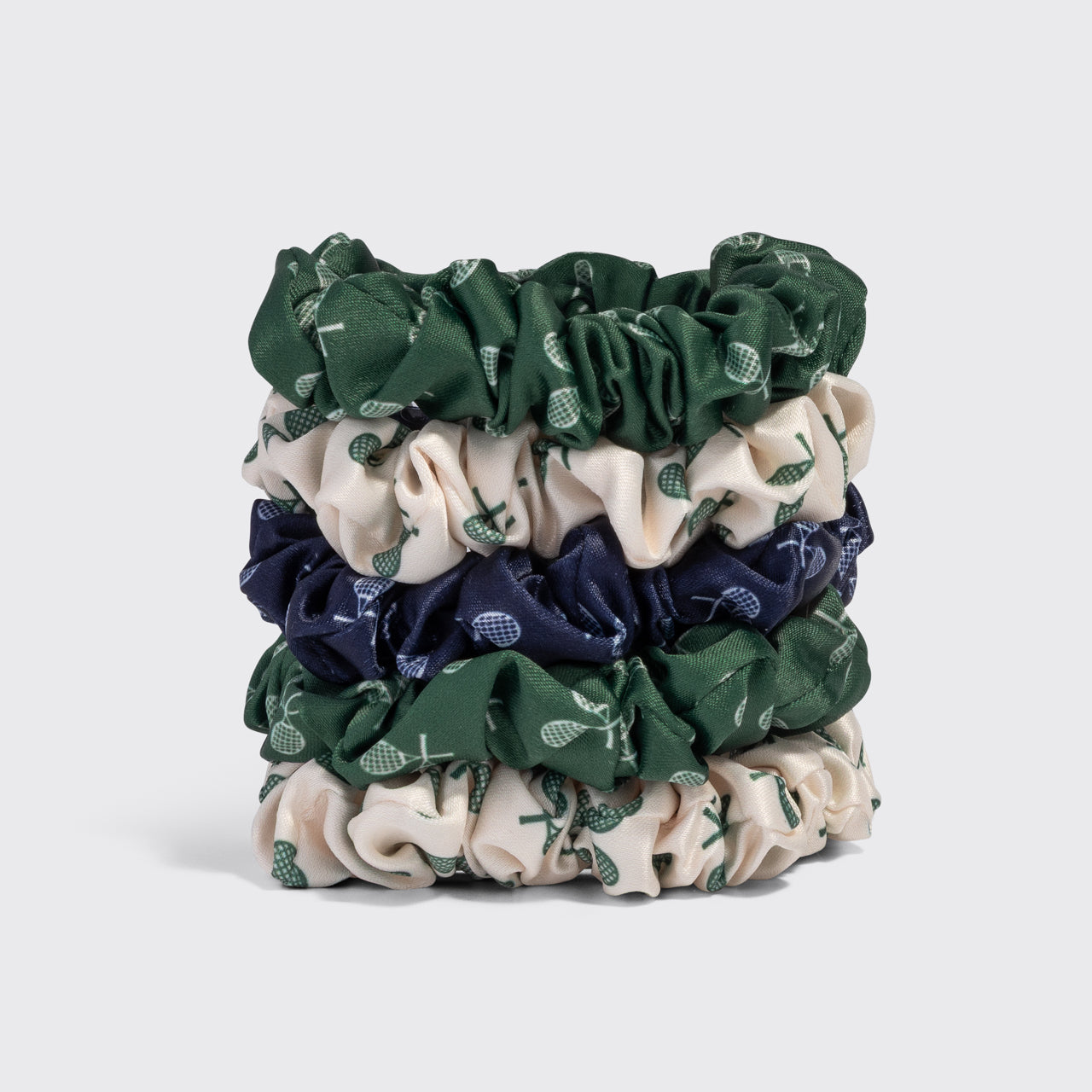KITSCH Ruched Satin Scrunchies 5pc Set – Cream, Court Green & Navy Blue — stacked product shot showing all 5 ruched satin scrunchies — tennis-print satin in cream, court green, and navy blue tones
