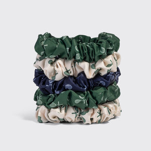 KITSCH Ruched Satin Scrunchies 5pc Set – Cream, Court Green & Navy Blue — stacked product shot showing all 5 ruched satin scrunchies — tennis-print satin in cream, court green, and navy blue tones