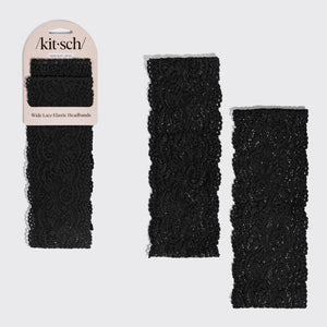 KITSCH Black Wide Lace Headbands 2pc Set — both black lace headbands shown with the packaging card — soft, stretchy lace keeps strands neatly in place whether you're dressing up or keeping it casual — everyday and evening styling