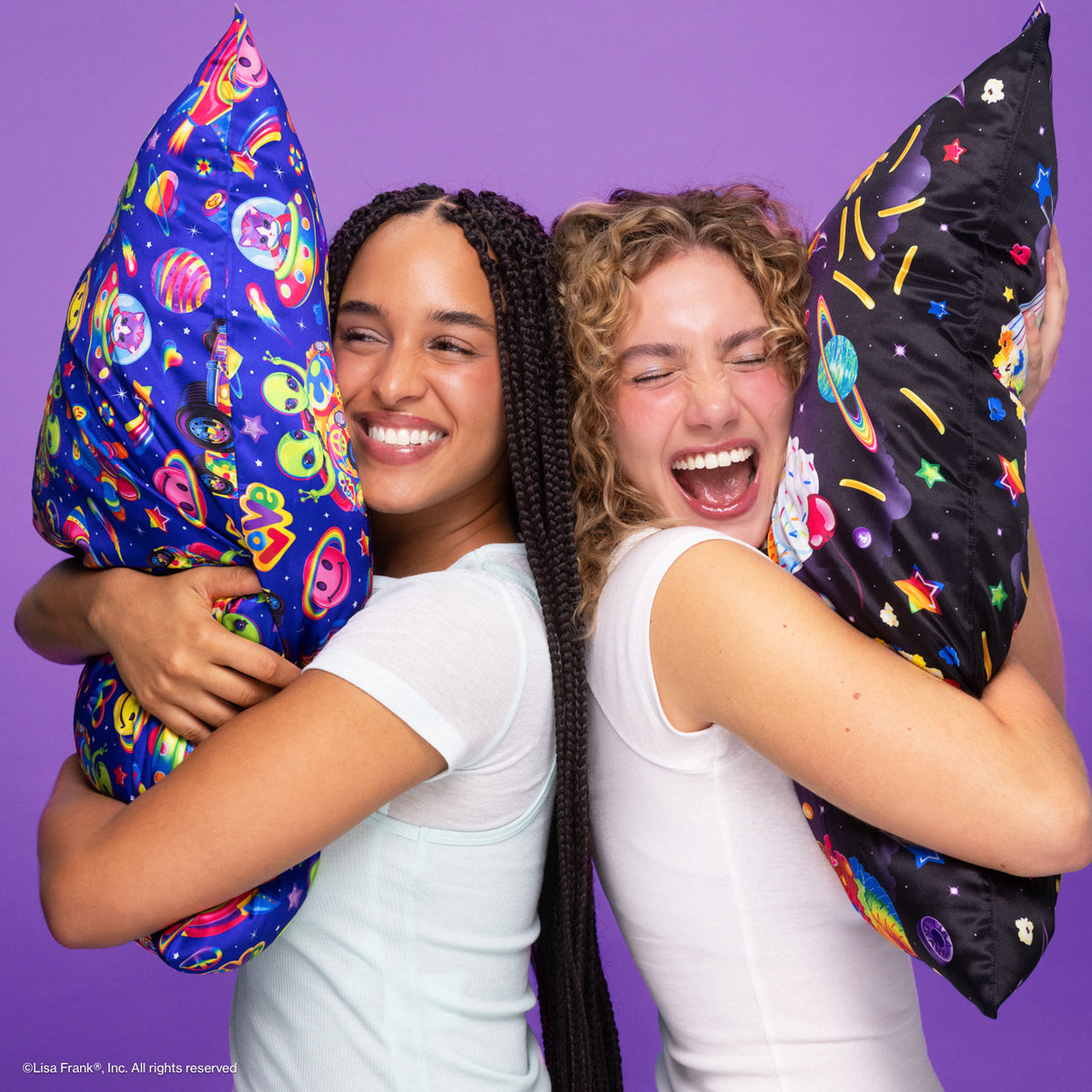 Lisa Frank x Kitsch Satin Pillowcases in Zoomer & Zorbit and Saturn Sundae - on-model lifestyle