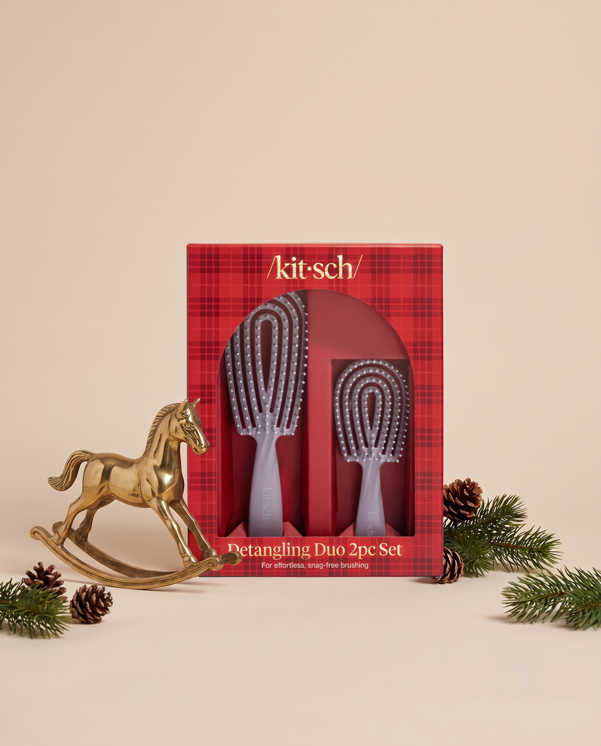 KITSCH Soft Violet Detangling Duo 2pc Set — holiday-themed packaging shot — limited-edition duo gently glides through knots while helping reduce breakage — for smoother, shinier, healthier-looking hair