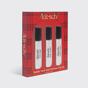 KITSCH Vanilla Vault Hair Perfume Trio Set — packaging shot — features a first-of-its-kind, patented odor-eliminating technology — Warm Sugar, Rustic Vanilla & Caramel Cream in travel-friendly minis