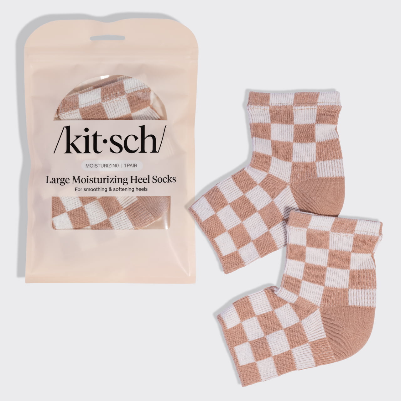 Kitsch Large Moisturizing Heel Socks in Terracotta Checker with reusable pouch and one pair of socks.