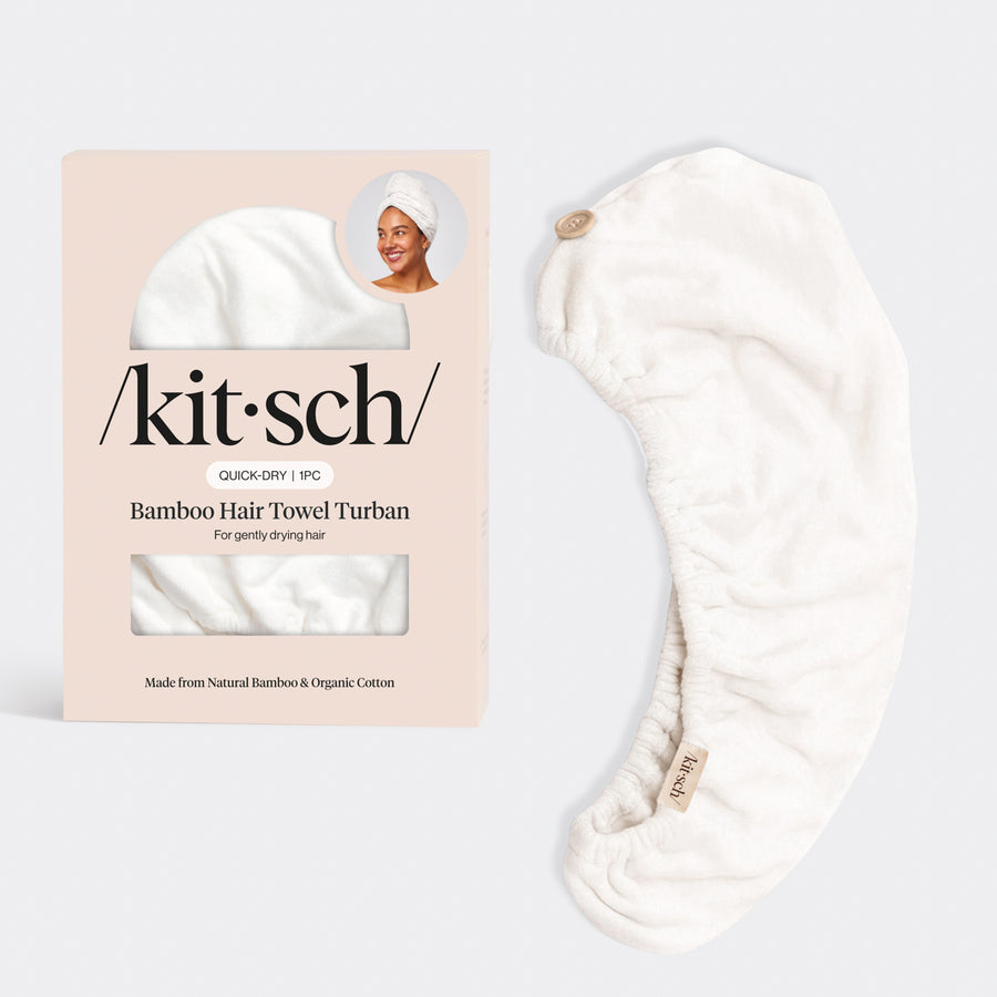 Organic Bamboo Hair Towel in white with Kitsch packaging and rolled towel displayed on a clean background.