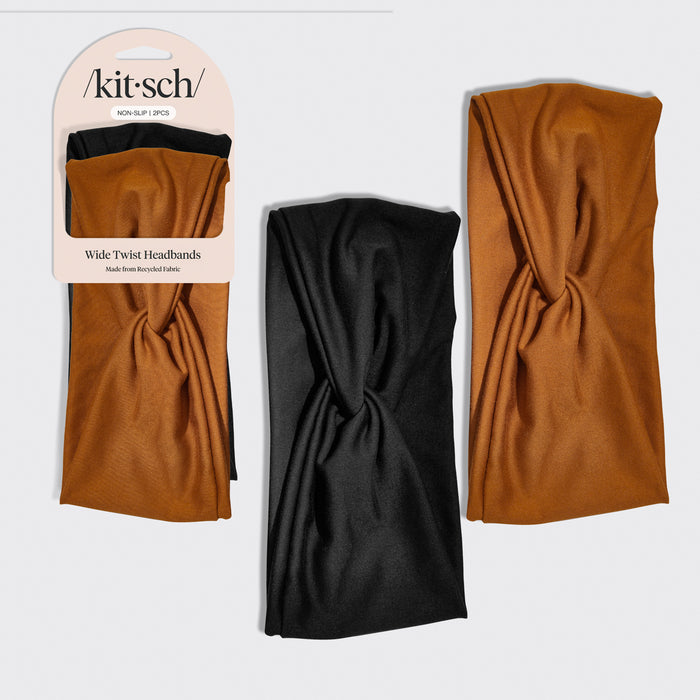 KITSCH Black & Camel Wide Headbands 2pc Set — hero product shot of wide headbands in black and camel — lightweight extra-wide design that stays put all day