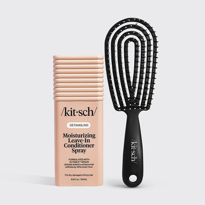 KITSCH Black Detangling Bundle — flat lay — Argan Milk Leave-In Conditioner and Detangling Flexi Brush — complete detangling duo