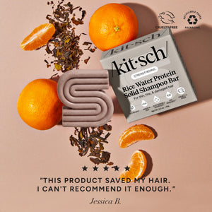 KITSCH Rice Water Shampoo & Conditioner Bar Combo for Hair Growth — shampoo bar 5-star customer review graphic — Rice Tein NPNF® has been shown to increase hair volume by 20% after 5 washes — free of parabens, phthalates, silicones, & sulfates
