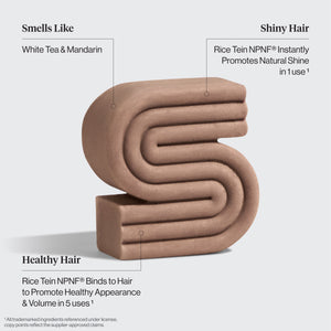 KITSCH Rice Water Shampoo Bar for Hair Growth — feature infographic on white background — S-shaped bar with ingredient callouts — Smells Like: White Tea & Mandarin | Shiny Hair: Rice Tein NPNF® Instantly Promotes Natural Shine in 1 use | Healthy Hair: Rice Tein NPNF® Binds to Hair to Promote Healthy Appearance & Volume in 5 uses