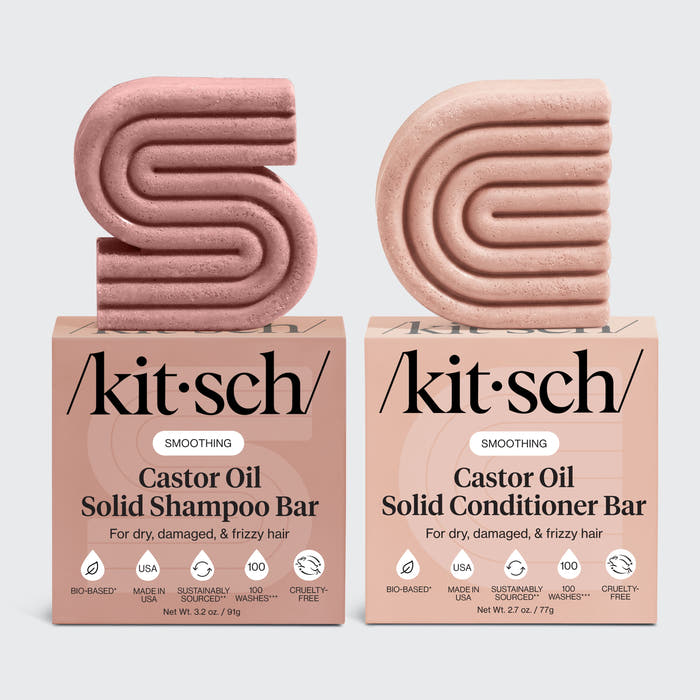 Kitsch Castor Oil Solid Shampoo and Conditioner Bar duo for dry, damaged, and frizzy hair with bottle-free moisturizing hair care.