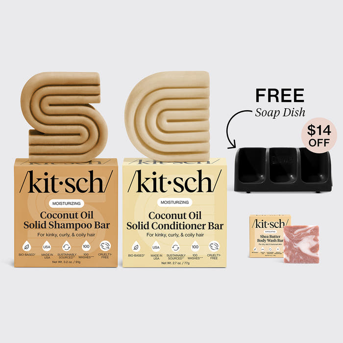KITSCH Moisturizing Coconut Oil Black Soap Dish Bundle — hero bundle flat lay — Coconut Oil Shampoo & Conditioner Bars + Shea Butter Body Wash + FREE Black Self-Draining Soap Dish — boost volume & strengthen hair