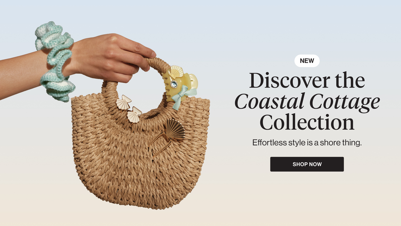 Woven handbag held by a hand with a scrunchie, against a light blue background with promotional text for a collection.