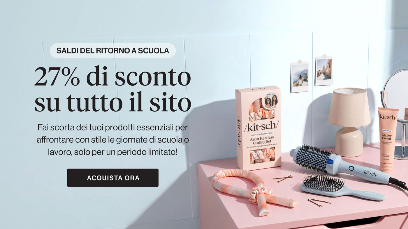 Banner Kitsch Back to School: 27% di sconto su tutto il sito, con un assortimento di accessori e prodotti per capelli Kitsch su sfondo neutro.