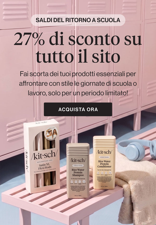 Banner Kitsch Back to School: 27% di sconto su tutto il sito, con un assortimento di accessori e prodotti per capelli Kitsch su sfondo neutro.