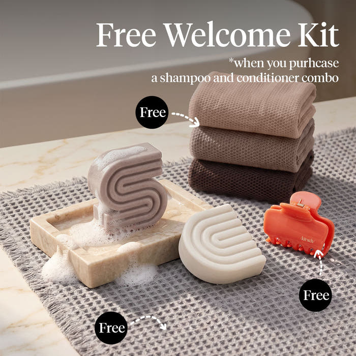 Kitsch Rice Water Shampoo and Conditioner Bar Summer Welcome Kit with free African Net Sponge and Quick-Dry Bath Mat