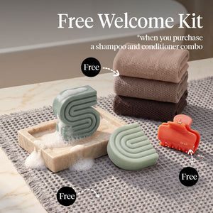 Kitsch Rosemary & Biotin Volumizing Shampoo and Conditioner Bar Summer Welcome Kit with free African Net Sponge and Quick-Dry Bath Mat