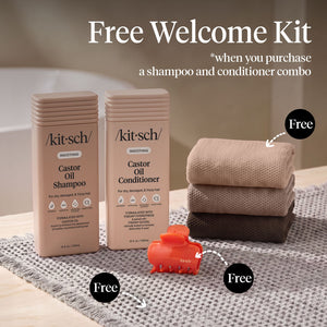 Kitsch Castor Oil Shampoo and Conditioner Summer Welcome Kit with free African Net Sponge and Quick-Dry Bath Mat