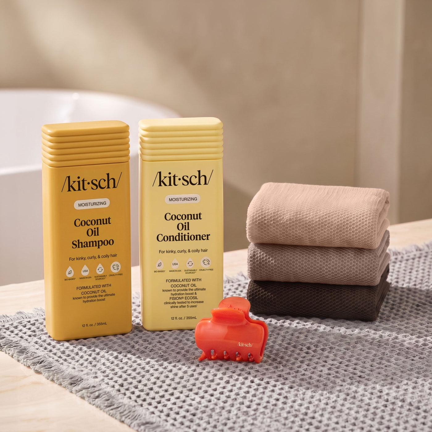 Kitsch Coconut Oil Shampoo and Conditioner Summer Welcome Kit with free African Net Sponge and Quick-Dry Bath Mat