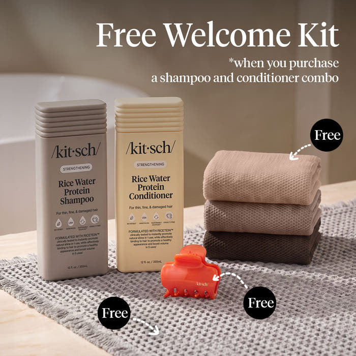 Kitsch Rice Water Shampoo and Conditioner Summer Welcome Kit with free African Net Sponge and Quick-Dry Bath Mat