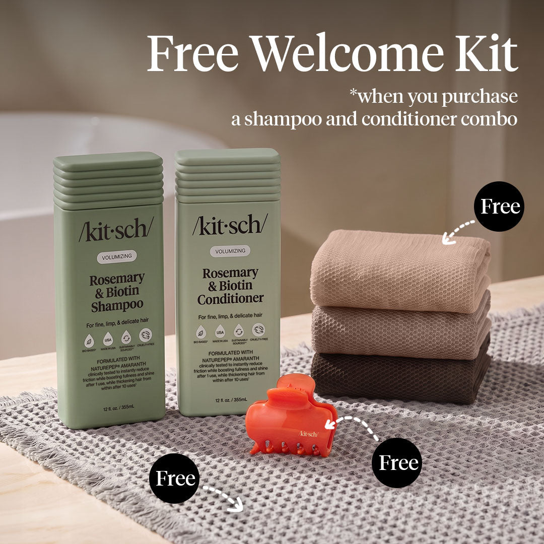 Kitsch Rosemary & Biotin Volumizing Shampoo and Conditioner Summer Welcome Kit with free African Net Sponge and Quick-Dry Bath Mat