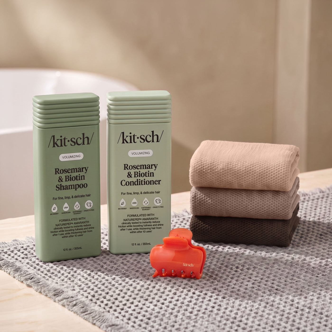 Kitsch Rosemary & Biotin Volumizing Shampoo and Conditioner Summer Welcome Kit with free African Net Sponge and Quick-Dry Bath Mat