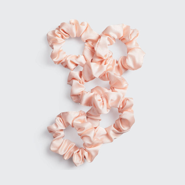 KITSCH Satin Sleep Scrunchies in Blush — product shot of blush pink satin sleep scrunchie — silky satin won't crimp or agitate hair while you sleep