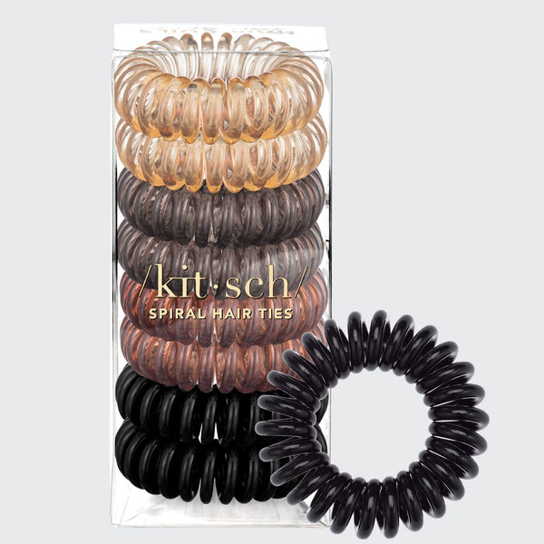 Kitsch Brunette Spiral Hair Ties 8pc Set featuring assorted neutral shades from blonde and brown to black, shown in packaging with a black spiral hair tie.